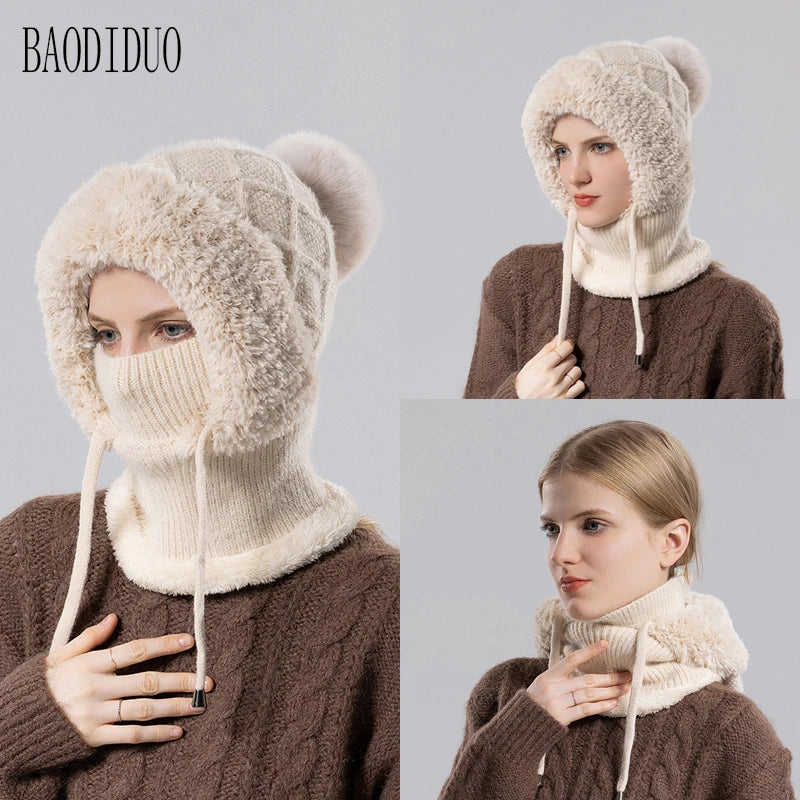 Xinbaoguan 100% Acrylic 8408 cross-border winter velvet knitted yarn hat women's mask scarf integrated warm ear protection hood