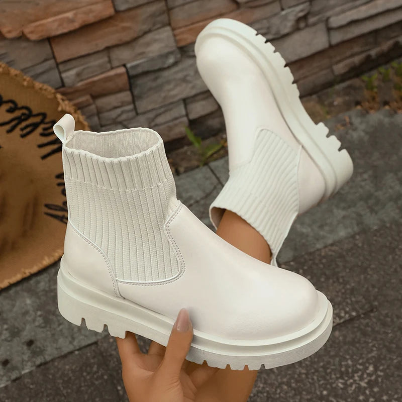 Women's Slip-On Chunky Platform Boots Knitted Patchwork Pu Leather Thick Sole Boots Woman Comfy Non Slip Chelsea Botas Mujer