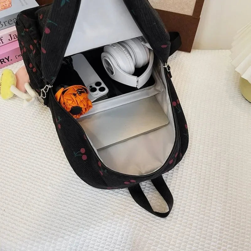 Corduroy Backpack Cherry Pattern Women Travel Daypack Adjustable Strap Laptop Backpack Zipper for Work Shopping School mochilas