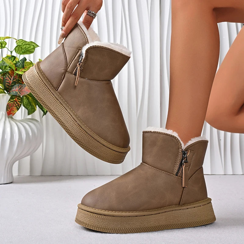 Pu Leather Warm Thicken Plush Snow Boots Women Comfort Thick Sole Non Slip Cotton Padded Shoes Woman Zipper Fluffy Winter Boots