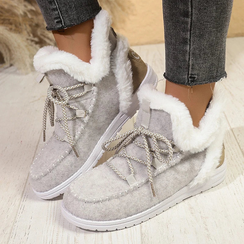 Red Thick Plush Lace Up Snow Boots Women Plus Size 43 Non Slip Sole Cotton Shoes Woman Comfortable Warm Fluffy Winter Boots
