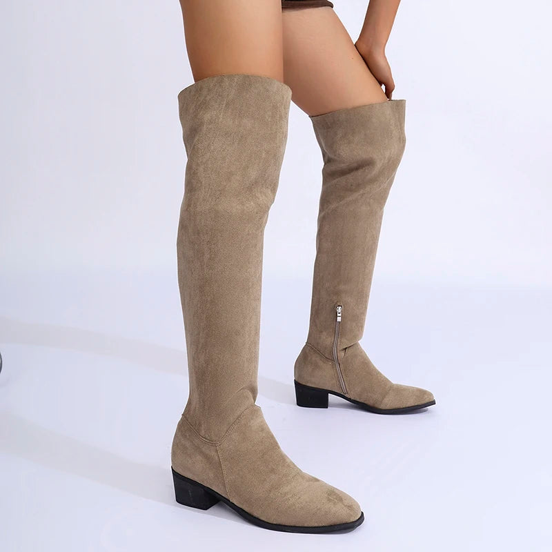 Fashion Thick Heels Over The Knee Boots Women Autumn Winter Zippers Vintage Long Botas Mujer Stretch Slim High Tube Boots 2025