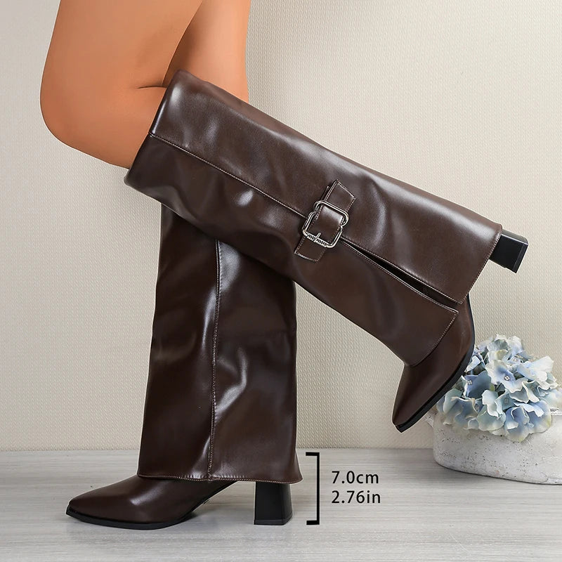 Sexy Pointed Toe High Heels Knee High Boots Women Punk Style Buckle Wide Leg Boots for Woman Pu Leather Gothic Long Botas Mujer