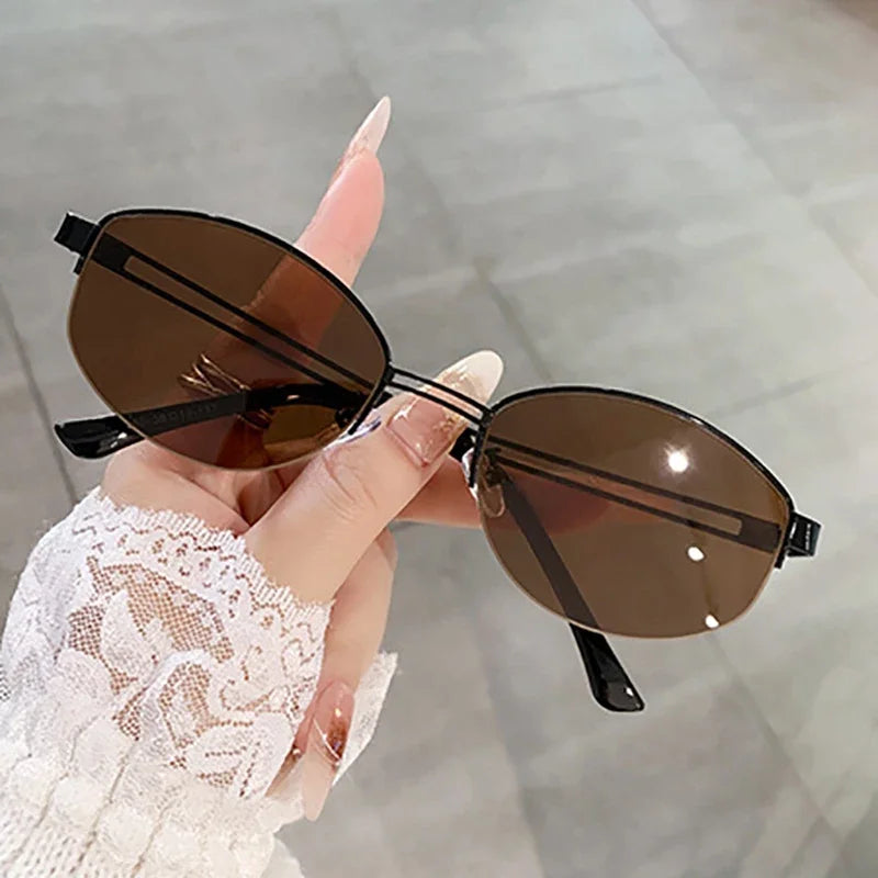 JNPCXI New Ins Popular Fashion Oval Sunglasses Women Vintage Semi-Rimless Clear Ocean Lens Shades UV400 Eyewear Men Sun Glasses