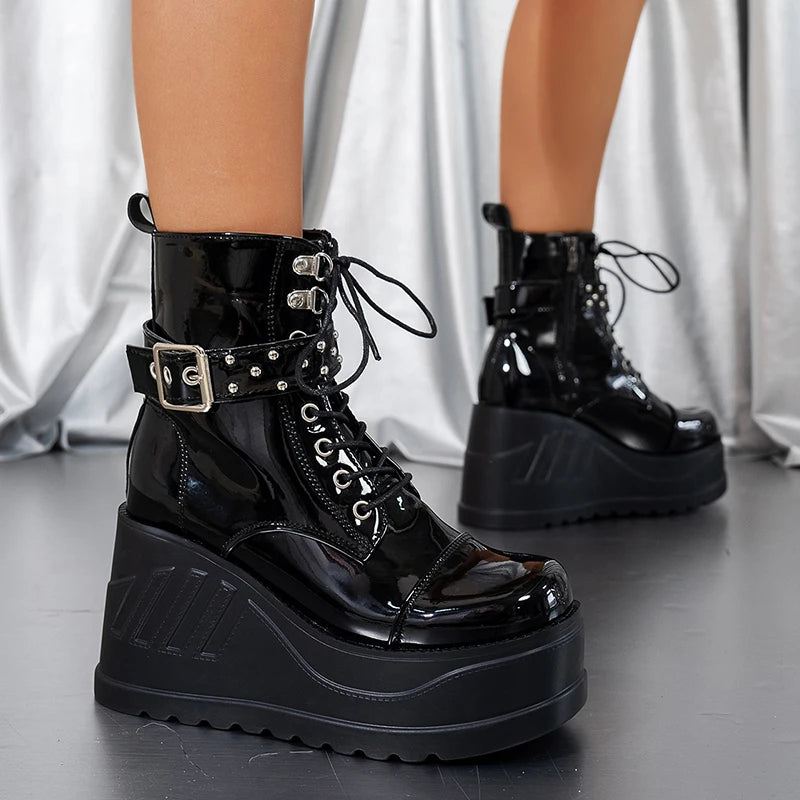 Punk Buckle Chunky Platform Ankle Boots Women Fashion Lace Up Wedges Goth Boots Woman Patent Leather Thick Sole Motorcycle Botas