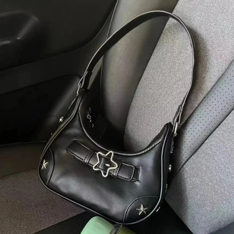 Y2K Korean Gothic Star Girl Black Handbag Harajuku Aesthetic Vintage Shoulder Crossbody Bag Trendy Women Messenger Tote Bags