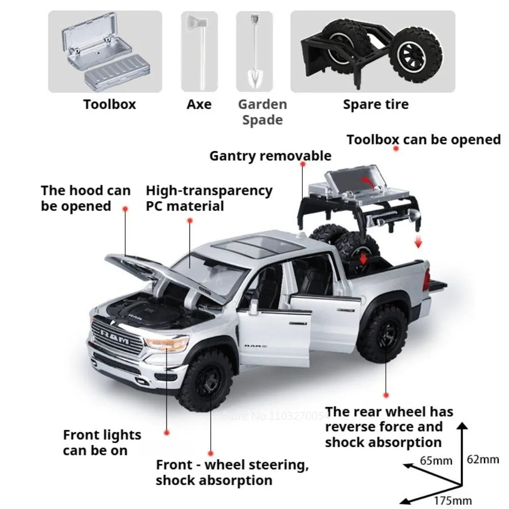 1:32 RAM Pickup Mammoth Off Road Vehicle Diecast Model Toy Alloy Car Sound Light Pull Back Doors Opened Models for Children Gift