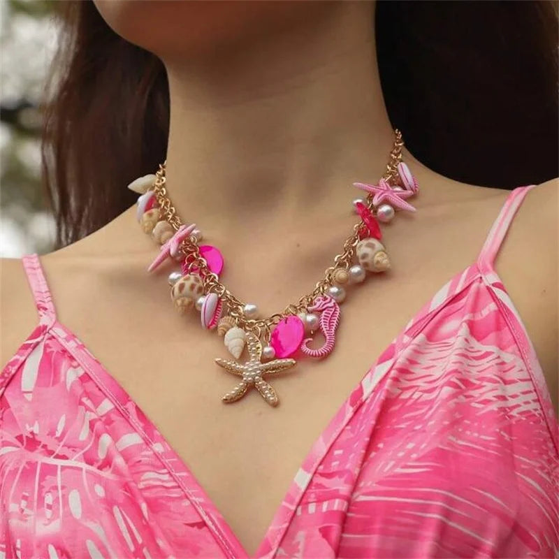 Exaggerated Big Starfish Conch Pendant Necklace Vacation Ocean Style Shell Pearl Choker Necklaces for Women Beach Party Jewelry