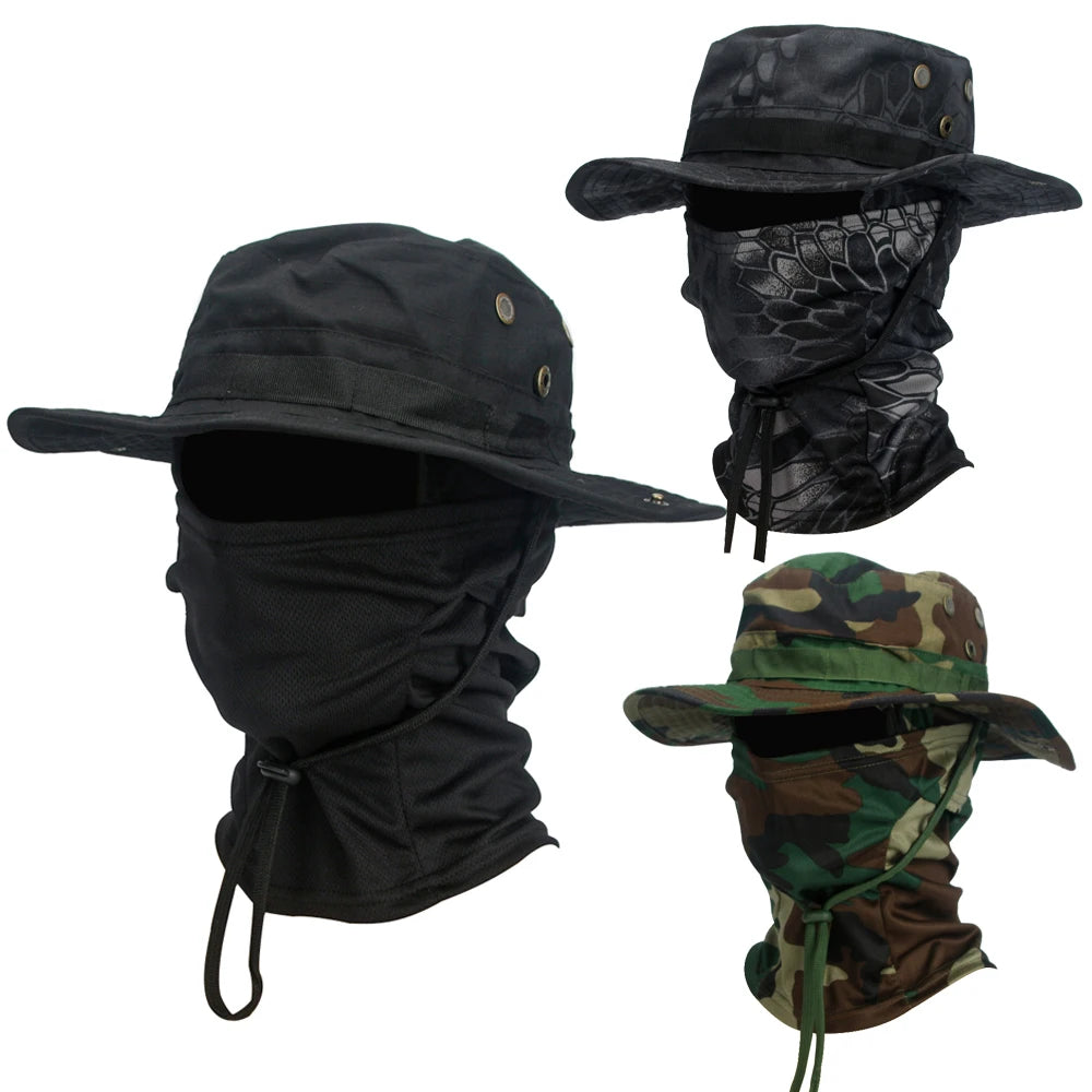 2Pcs Wide Brim Hat & Balaclava Set Men Outdoor Sun Boonie Cap Hiking Fishing Hat