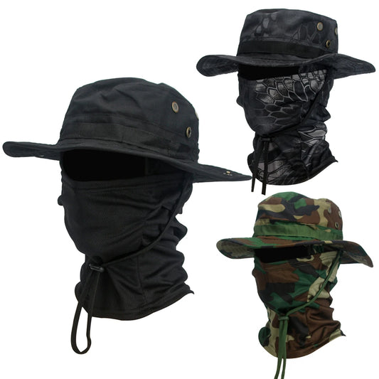 2Pcs Wide Brim Hat & Balaclava Set Men Outdoor Sun Boonie Cap Hiking Fishing Hat