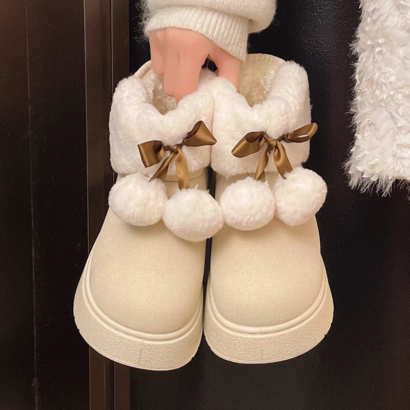 Cute Ball Platform Snow Boots for Women Comfort Thick Bottom Non Slip Fluffy Ankle Boots Woman Slip On Plush Warm Cotton Shoes
