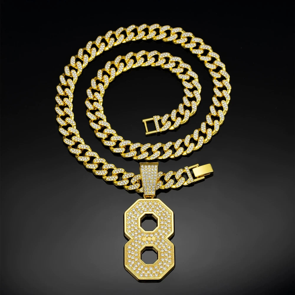 Men's Hip Hop Number 8 Pendant Necklace With 13mm Crystal Cuban Chain Luxury Lucky Number Necklaces for Men Jewelry Gift for Him
