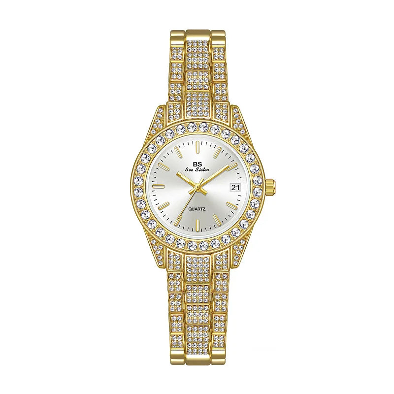 New Fashion Casual Ladies Wristwatch Luxury Crystal Quartz Watches Gold Silver Stainless Steel Band Calendar Watch For Womens