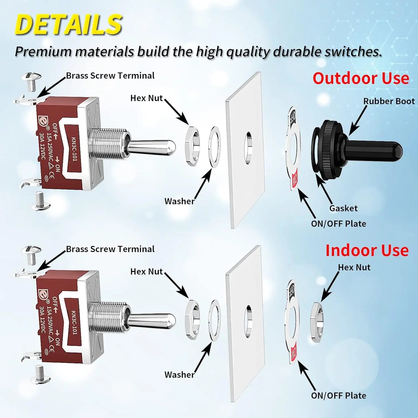 2/4Pcs Marine Waterproof Toggle Switch 12V DC 30A Heavy Duty 250V AC 15A SPST 2 Pin ON Off Switch with Weatherproof Boot Cover
