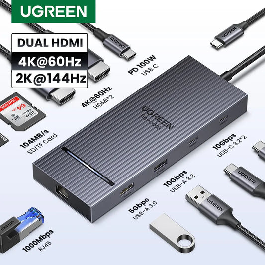 UGREEN USB C HUB 10-in-1 4K60Hz HDMI USB3.2 10Gbps PD100W RJ45 SDTF USB Splitter for Laptop Macbook Pro Air iPad Docking Station