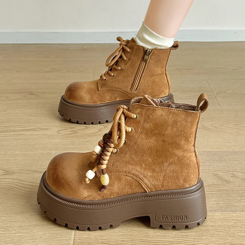 Vintage Chunky Platform Ankle Boots Women Autumn Winter Thick Sole Lace Up Boots Woman 2025 Anti Slip Zipper Short Booties Mujer