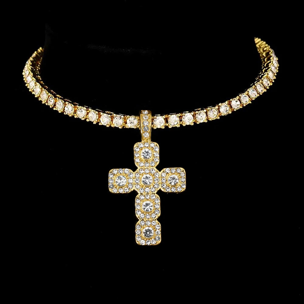 New Hip Hop Cross Pendant Necklace Strap Men 4mm Rhinestone Tennis Chain Iced Out Necklace Punk Jewelry Women Fashion Gift