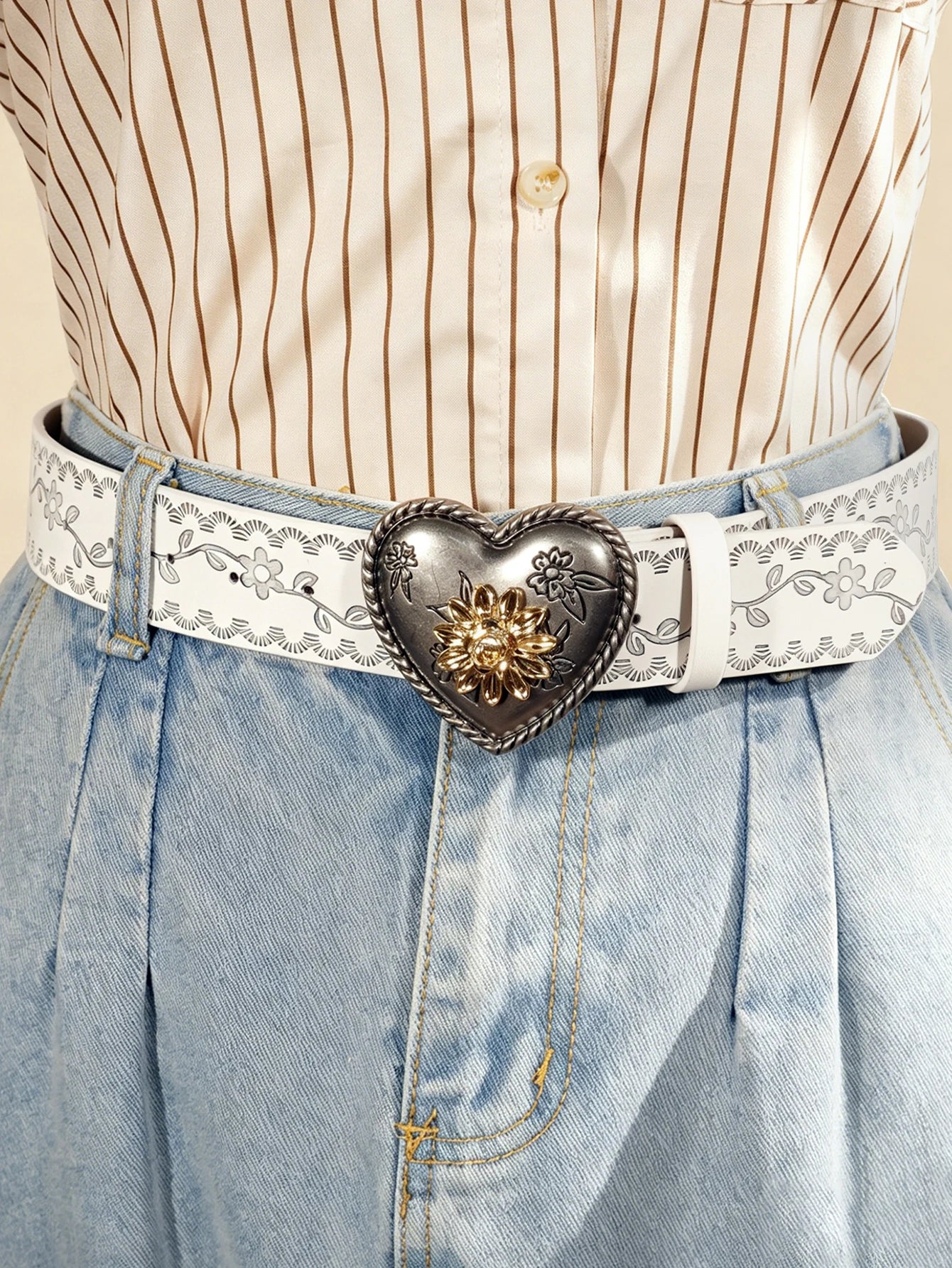 Heart Flower Metal Buckle Belt Brown Embossed Women's Retro Waistband Fashion Decorative Belt