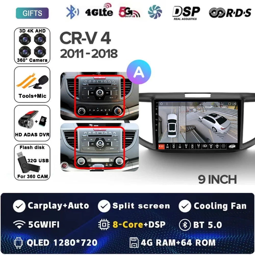 For Honda CR-V CRV 4 RM RE 2011 - 2018 Android 15 Car Radio GPS Navigation QLED Carplay Auto Multimedia Stereo Player BT