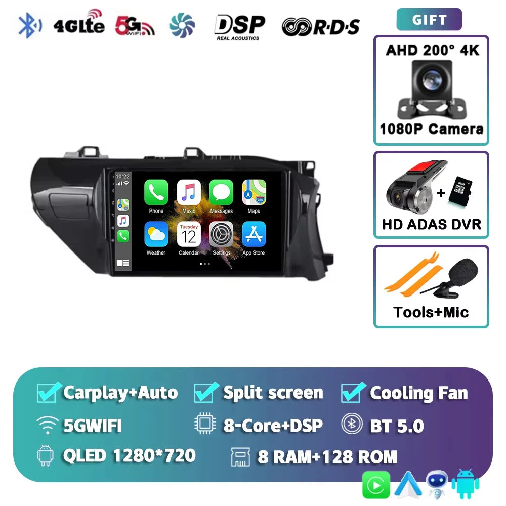Car Radio For Toyota Hilux RHD 2015 2016 2017 2018 2020 2021 2023 Wireless Carplay Android Auto Multimedia Player Stereo WIFI 4G