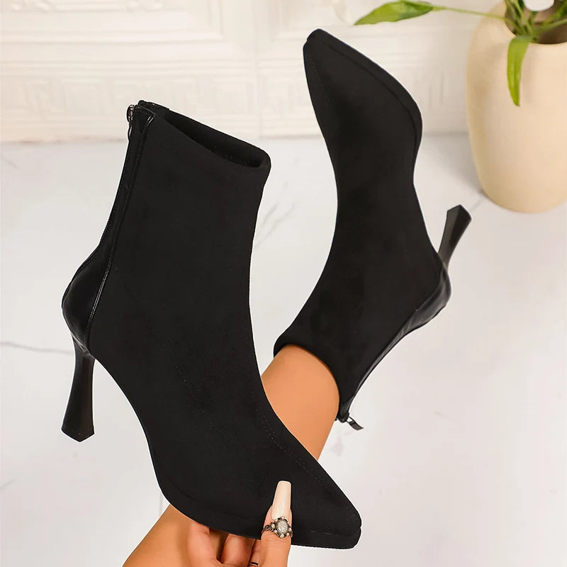 Sexy Pointed Toe Thin High Heels Boots Women Fashion Back Zipper Platform Ankle Boots Woman Super High Heeled Short Booties 42