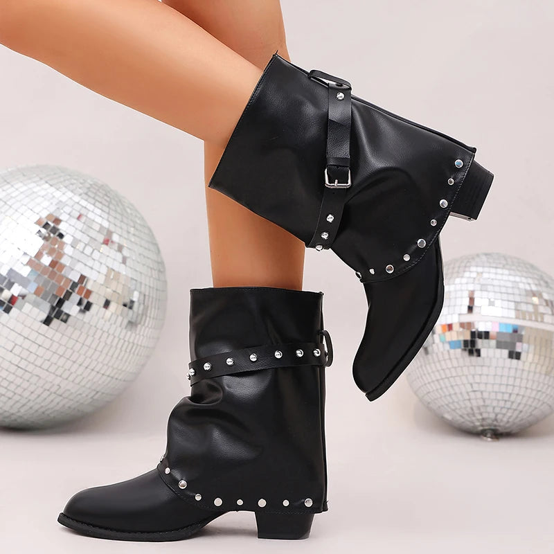 Punk Wide Leg High Heel Ankle Boots Women Plus Size 42 Pointed Toe Slouchy Boots Woman Slip On Thick Heeled Motorcycle Botas