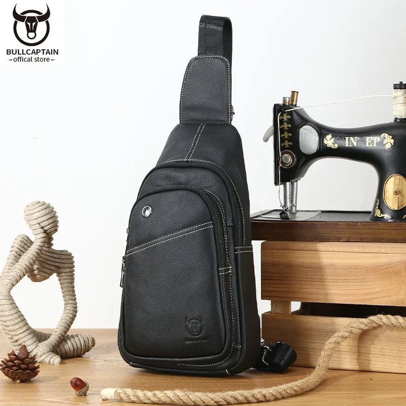 BULLCAPTAIN Men's Genuine Leather Chest Bag Multifunctional 8-inch Large Capacity Tablet Bag Retro Single Room Crossbody Bag