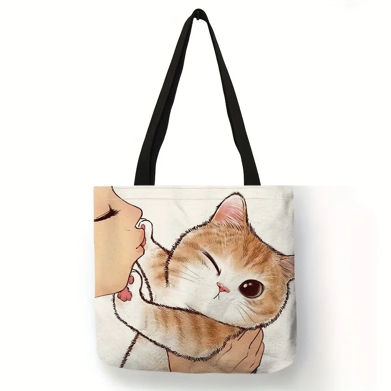 Cute Cartoon Cat Print Tote Bag, Large Shoulder Bag, Women's Casual Handbag