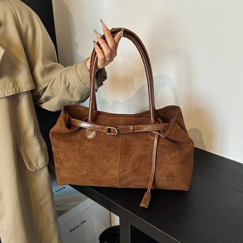 Autumn Winter Women's Suede Underarm Tote Bag Large Capacity Commuter Shopper Shoulder Bag 2026 New Trendy Soft Leather Handbags