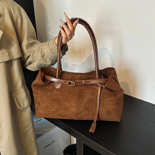 Autumn Winter Women's Suede Underarm Tote Bag Large Capacity Commuter Shopper Shoulder Bag 2026 New Trendy Soft Leather Handbags