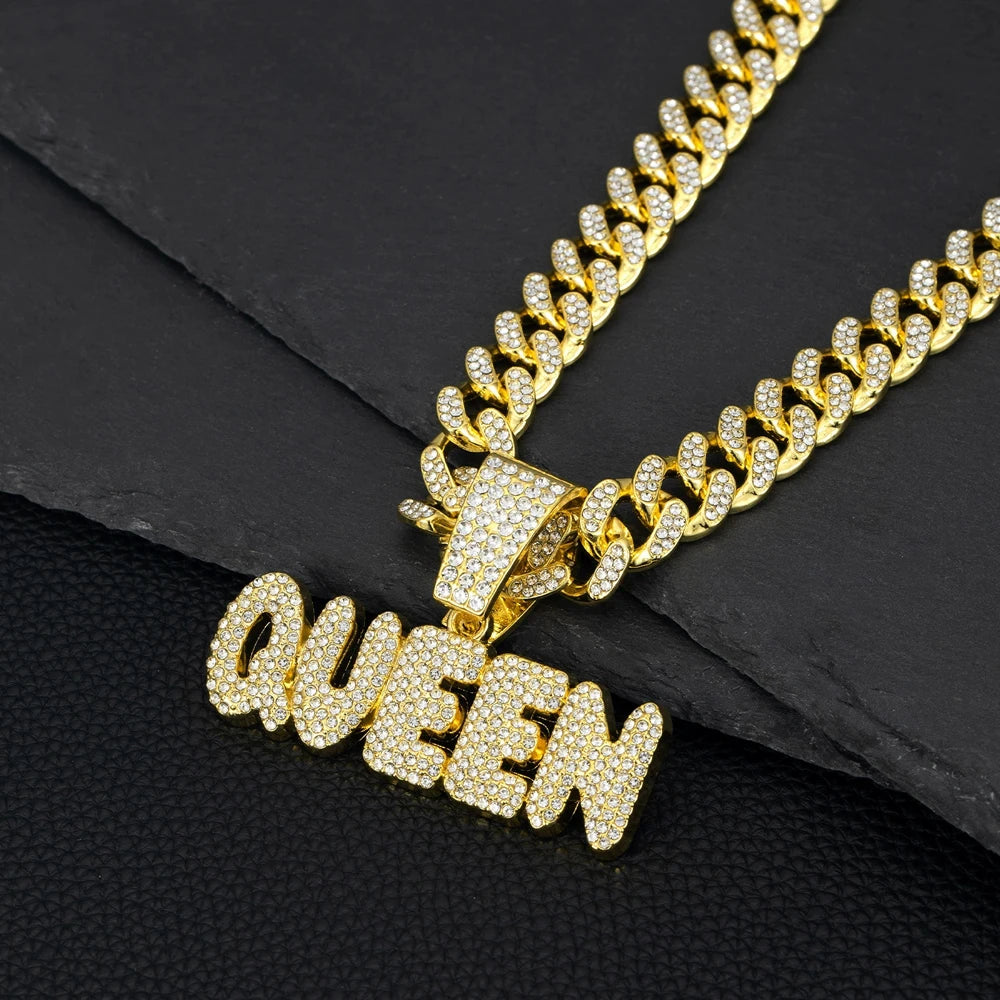 Hip Hop Letter QUEEN Pendant Pave Rhinestone With 13mm Cuban Chain Necklace For Men Fashion Iced Out Crystal Letter Jewelry Gift