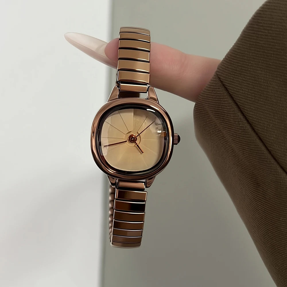 GEDI Small Vintage Watch Woman Square Buckle-Free Stretch Steel Strap Quartz Ladies Watches Luxury Niche Minimalist Watch