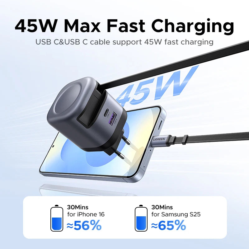 45W GaN Retractable Cable Charger UFCS PPS QC PD 3.0 iPhone 16 15Pro Samsung S25