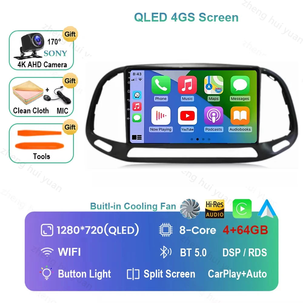 For Fiat Doblo 2015 - 2018 2019 2020 Android 16 GPS WIFI 4G Carplay&Auto Car Radio Navigation QLED Multimedia Stereo Player BT