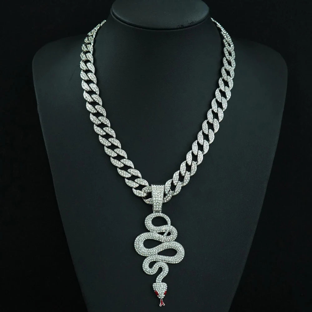 New Hip Hop Cobra Snake Necklaces with 15mm Cuban Chain Snake Animal Rapper Pendant Necklaces For Men Women Gothic Charm Jewelry