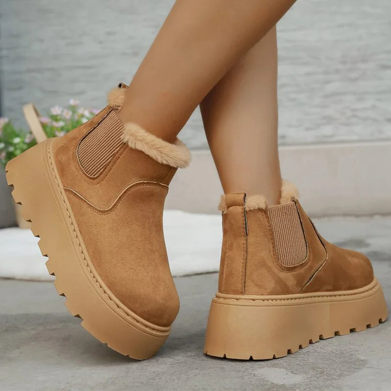 British Style Solid Color Platform Snow Boots Women Winter Soft Short Plush Warm Ankle Boots Woman Faux Suede Booties Female