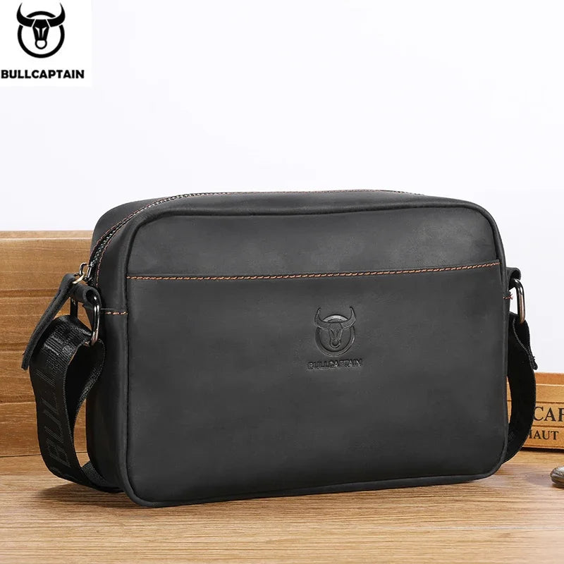 BULLCAPTAIN Men's Genuine Leather Shoulder Bag Retro Large Capacity Travel Bag Crazy Horse Leather High Quality Crossbody Bag