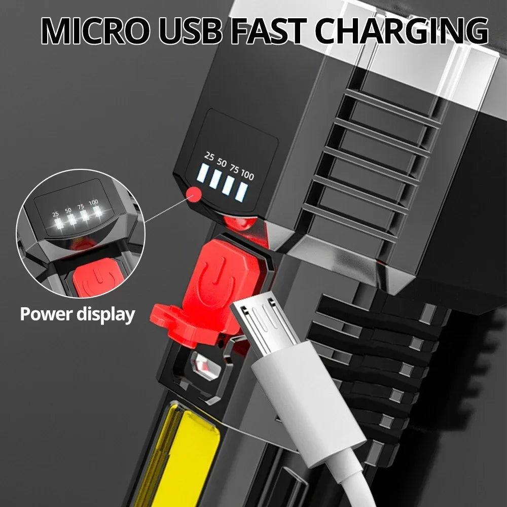 High Power Rechargeable LED Flashlight, 7-LED Camping Torch with COB Side Light