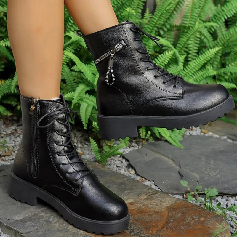 Black Pu Leather Modern Boots for Women Autumn Winter Lace Up Platform Ankle Boots Woman Zipper Short Plush Booties Female