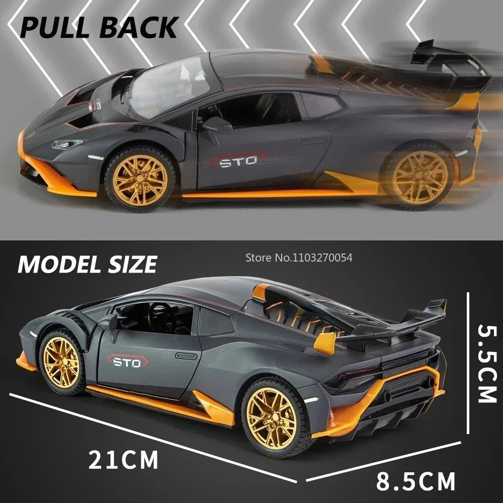 1/24 Scale Huracan STO 2021 Alloy Model Sport Car Toy Diecast Metal With Pull Back Sound light Vehicle for Kids Gifts Collection