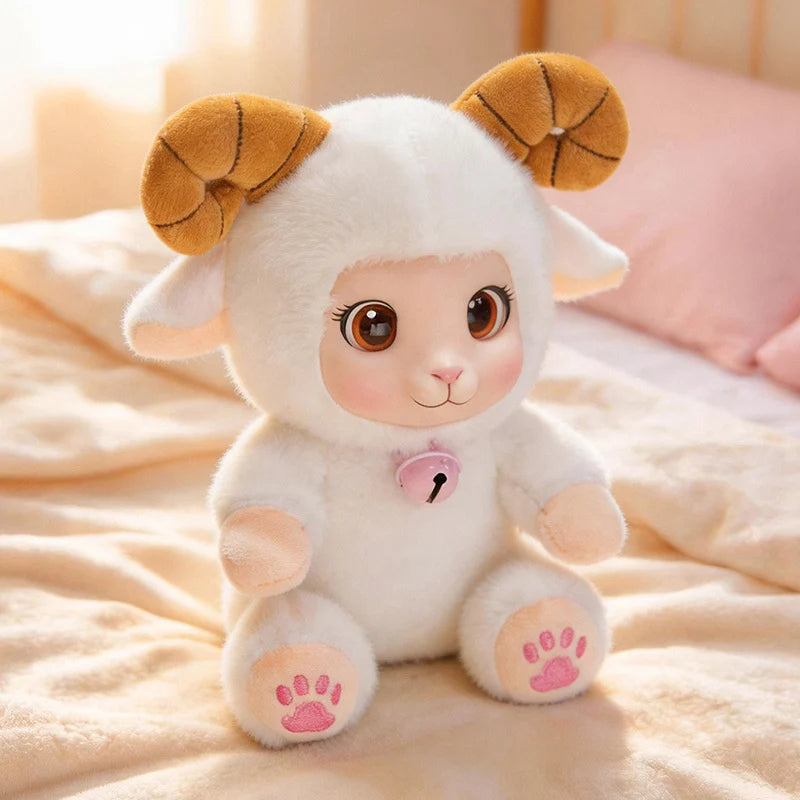 Adorable Lamb Plush Toy with bell Soft Vinyl Plush Stuffed Animal Cuddly Sheep Birthday Gift Room Accent Random accessory color