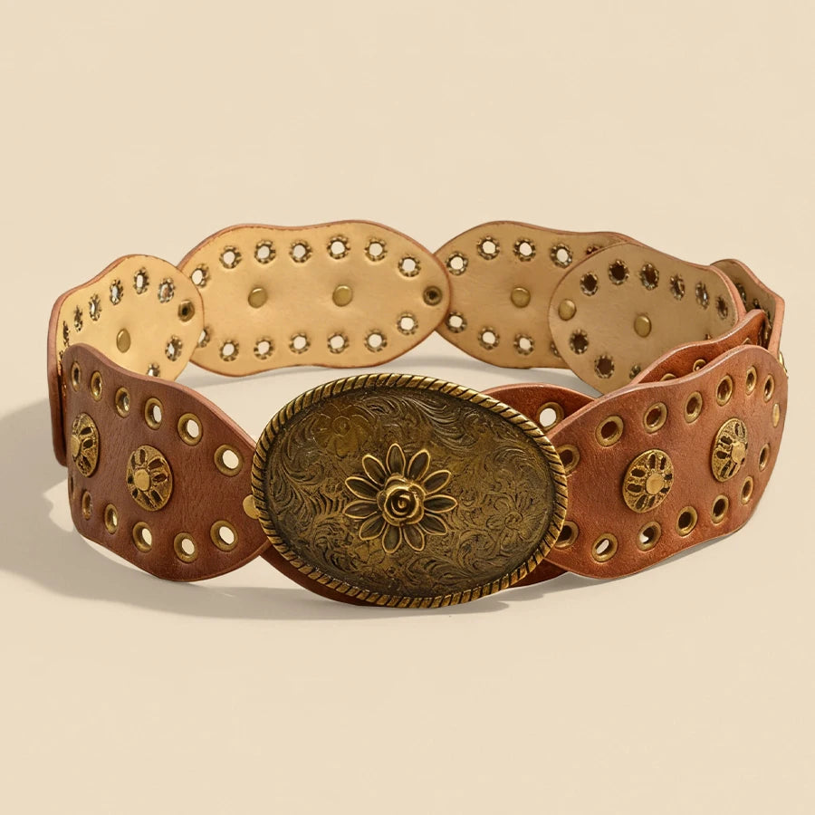 Vintage Flower Metal Buckle Wide Belt Brown Hollow Rivet Women's Waist Cinch Leather Belt Retro Distressed Style