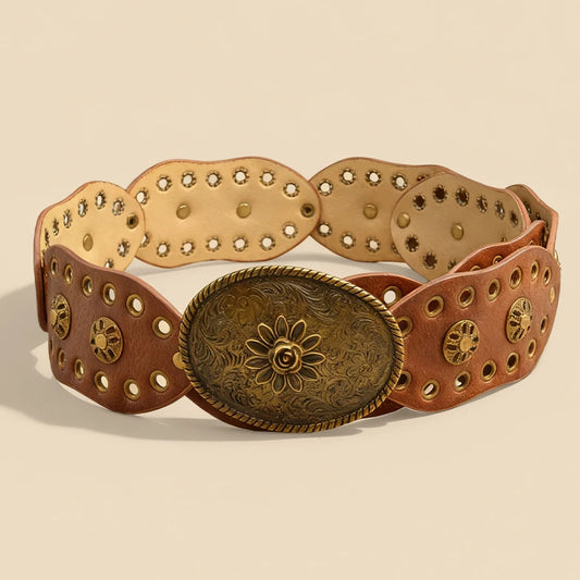 Vintage Flower Metal Buckle Wide Belt Brown Hollow Rivet Women's Waist Cinch Leather Belt Retro Distressed Style