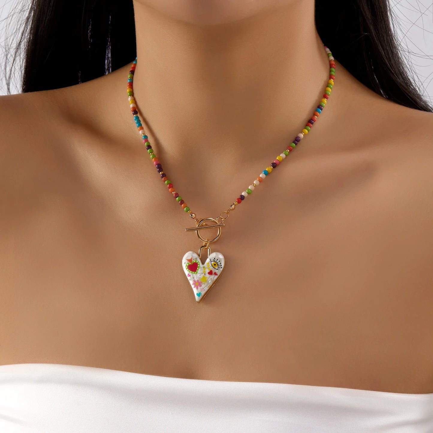 Bohemian Colorful Beads Choker Necklace for Women Round Lucky Evil Eye Heart Pendant Necklace Fashion Jewelry Y2k Accessories