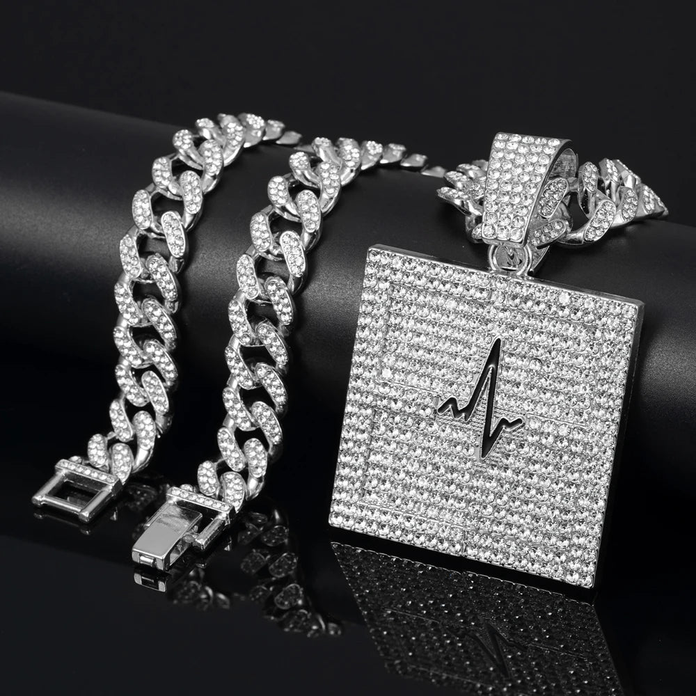 Hip Hop Electrocardiogram Lifeline Geometric Pendant Necklace With 13mm Box Buckle Cuban Chain Necklaces Fashion Jewelry For Men