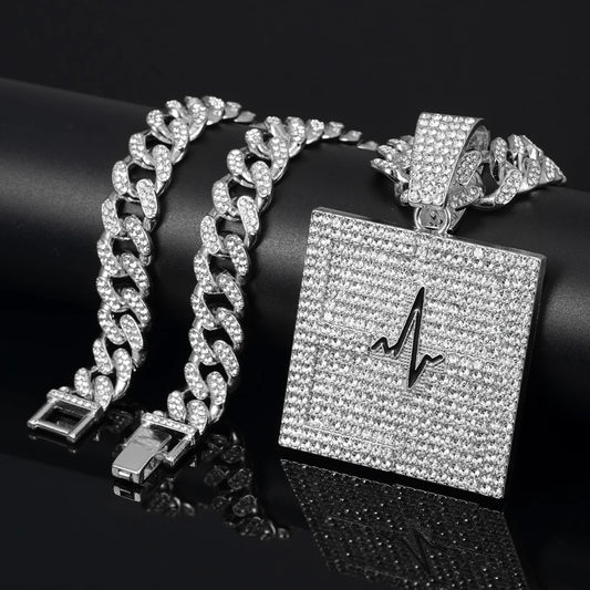 Hip Hop Electrocardiogram Lifeline Geometric Pendant Necklace With 13mm Box Buckle Cuban Chain Necklaces Fashion Jewelry For Men
