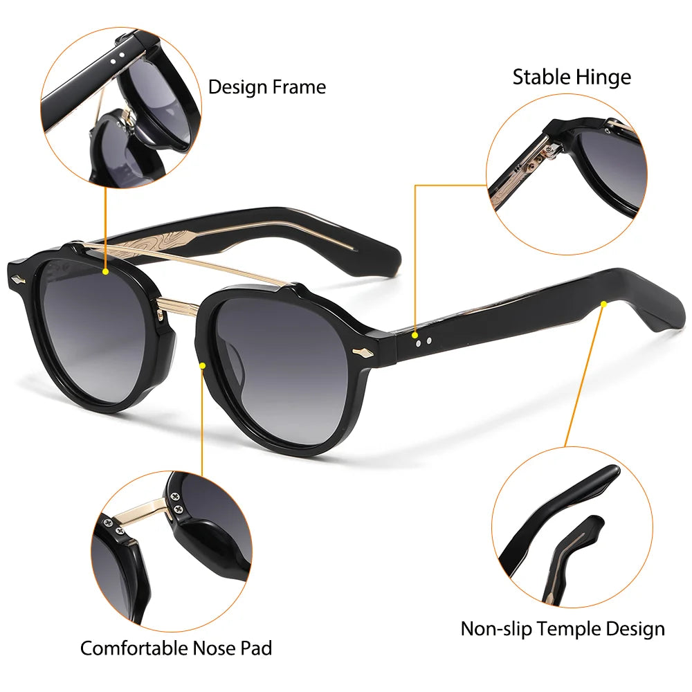 CATERSIDE Men's Flat Top Double Bridges Polarized Sunglasses Acetate Square Suneyeglass Women Fashion Retro Gifts Eyewear UV400