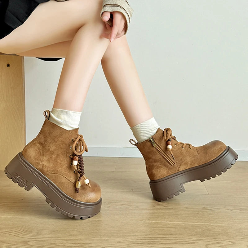Vintage Chunky Platform Ankle Boots Women Autumn Winter Thick Sole Lace Up Boots Woman 2025 Anti Slip Zipper Short Booties Mujer