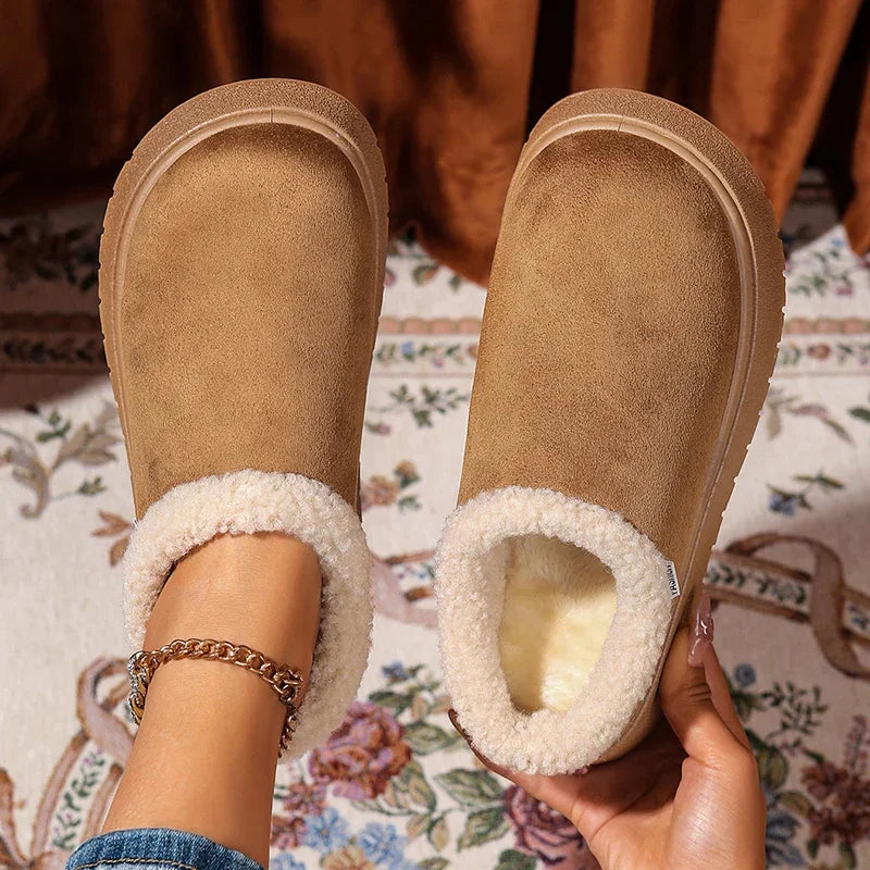 2025 New Faux Suede Fur Slippers Women Winter Slip On Non Slip Thick Sole Snow Boots Woman Warm Thicken Plush Cotton Shoes 36-41