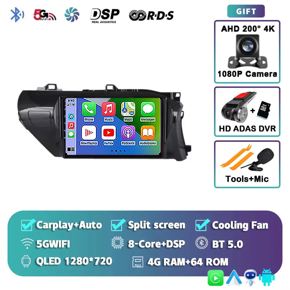 Car Radio For Toyota Hilux RHD 2015 2016 2017 2018 2020 2021 2023 Wireless Carplay Android Auto Multimedia Player Stereo WIFI 4G